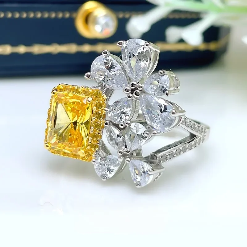 Karloch S925 Sterling Silver High Carbon Diamond Yellow Diamond 6 * 8 Radian Ring Women Fashion Jewelry Accessories