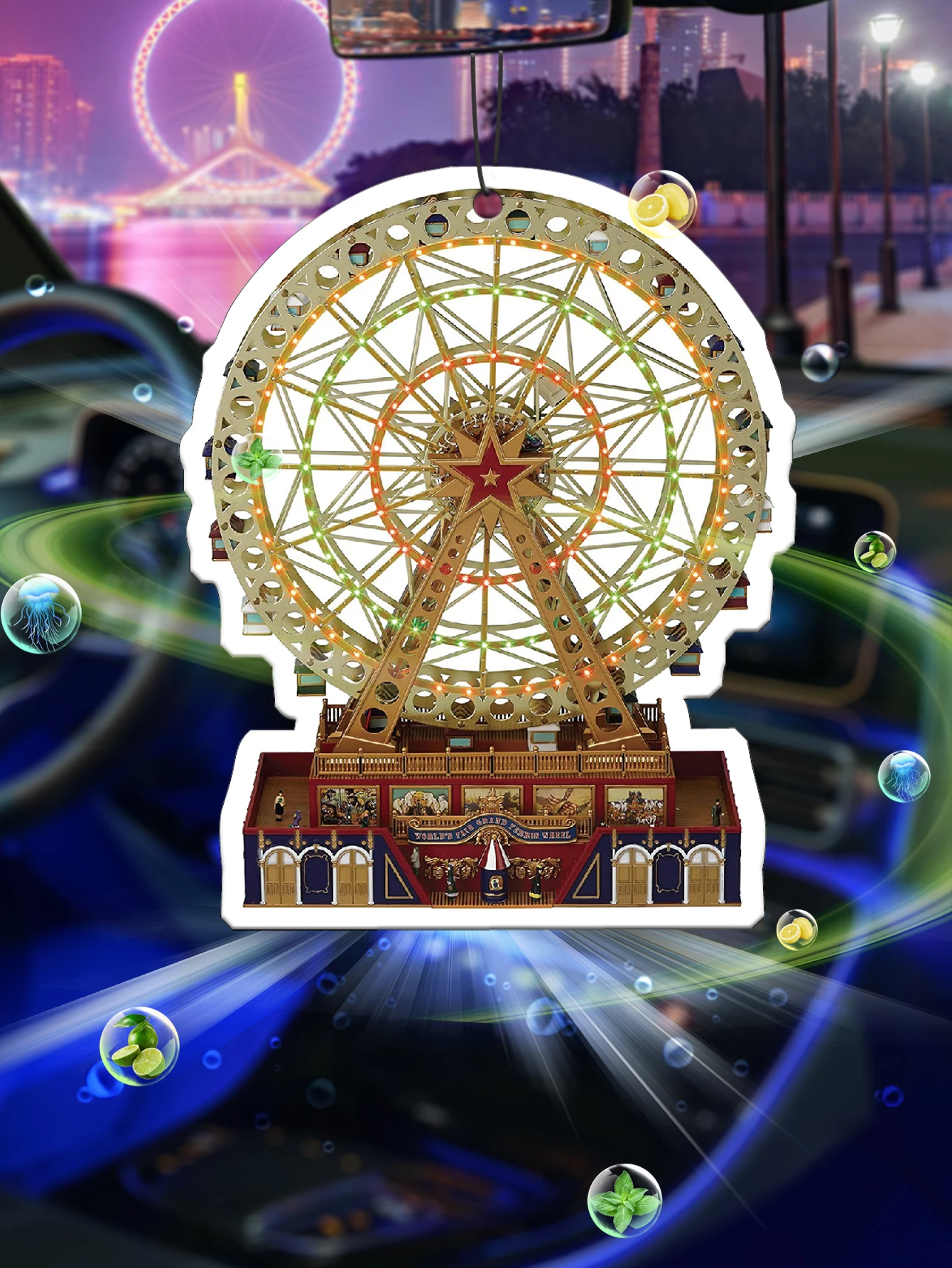 Vintage Carnival Ferris Wheel Car Air Freshener Hanging Fragrance, Natural Plant Extract Scent, Alcohol‑Free Non‑Toxic, Heat Res
