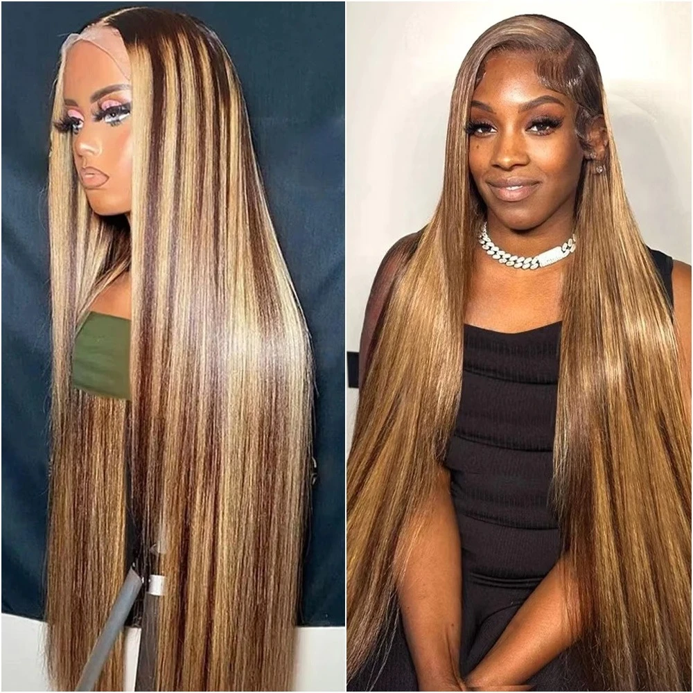 

13x6 Highlight Lace Front Wigs Human Hair 200% Density 4/27 Honey Blonde Bone Straight HD Lace Frontal Wig Pre Plucked 40 Inches