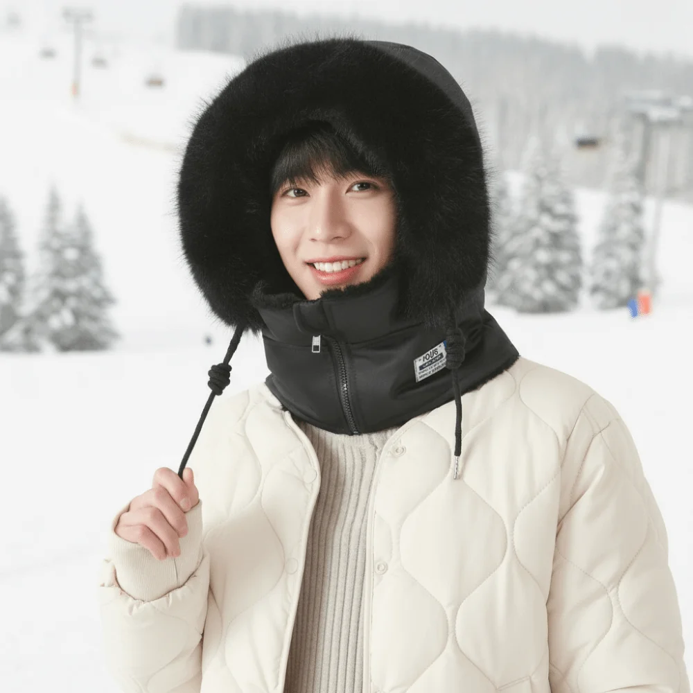 Thick Plush Hooded Scarf Hat Full Coverage Windproof Unisex Balaclava Zipper Closure Elastic Fit Winter Face Mask Women