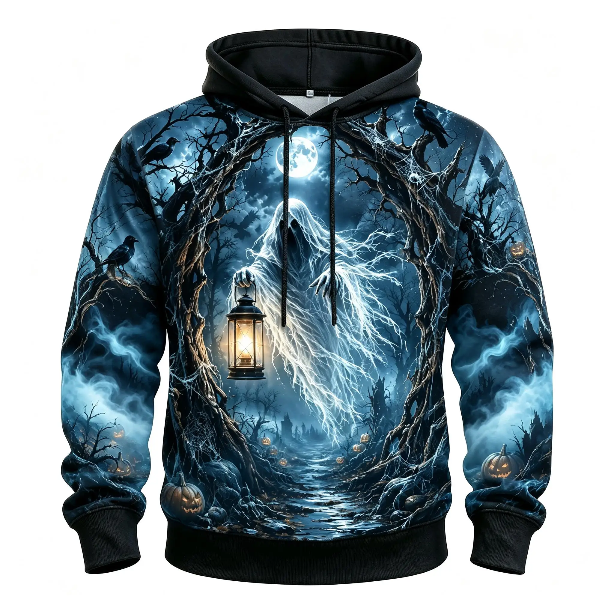 Men's Ghost Lantern Crow Haunted Forest Full Print Hoodie Halloween Gothic Long Sleeve Pullover Sweatshirt For Cosplay Party