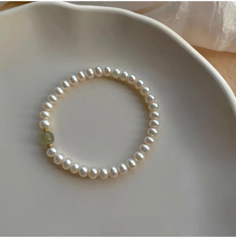 High Quality Near Round Natural Freshwater Pearl & Hotan Jade Female Beads Chain Bracelet Jewelry For Women Birthday Gifts