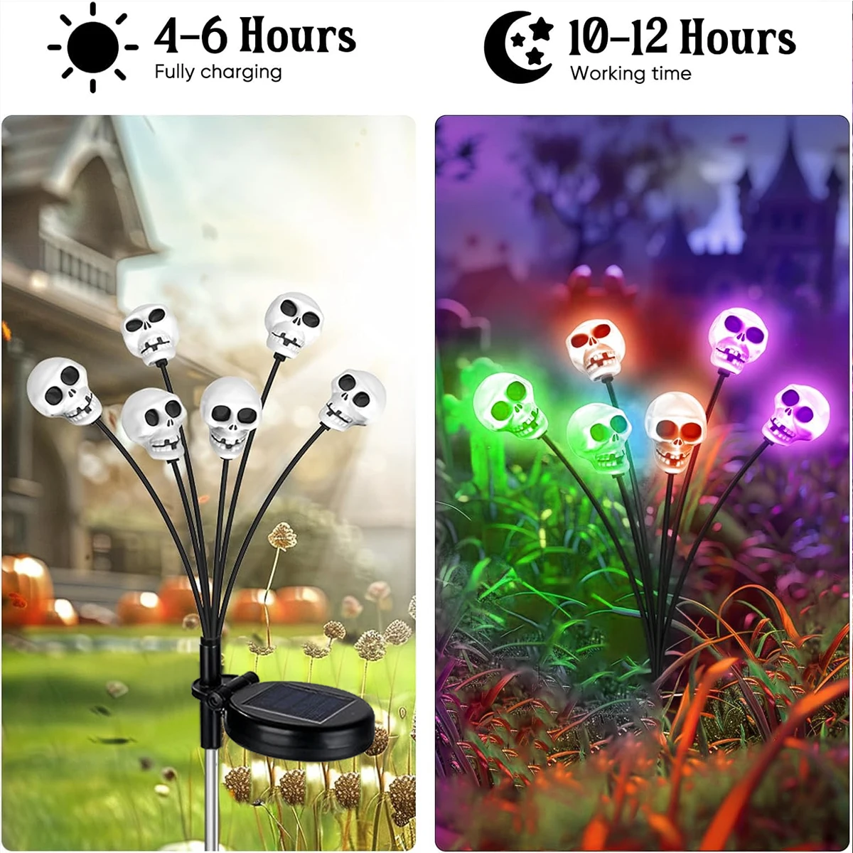 Impermeável LED Solar Light com Crânio, Jardim Paisagem Luz, Sway By Wind, Path Lamp, Firefly Light, Halloween, 1 Pc, 2Pcs