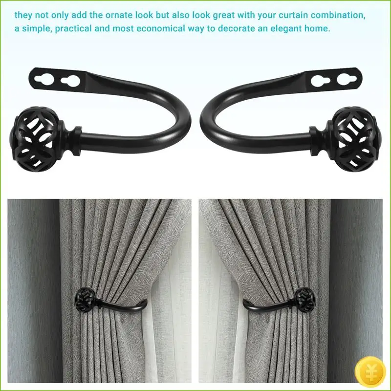 1 Pair Of Metal Curtain Hooks - Retro Wall Mounted Curtain Hold Back Tiebacks Wall Hook Tassel Drapery Holder (Black)
