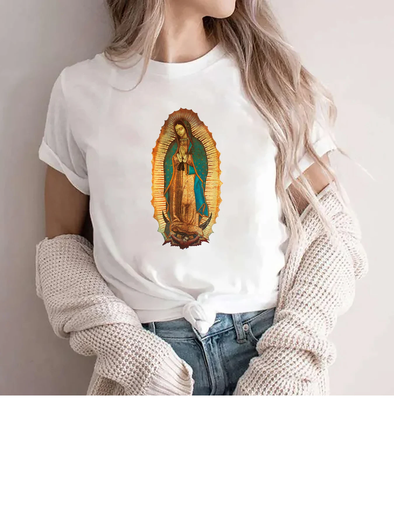 Lady of Guadalupe Virgin Mary Catholic Women\'s Casual Short Sleeve Printed Summer T-Shirt Oversized T Shirt