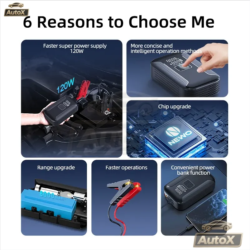 S02 Avviatore di emergenza per auto multifunzione Compressore d'aria 2in1 Caricabatteria per auto portatile e gonfiatore di pneumatici