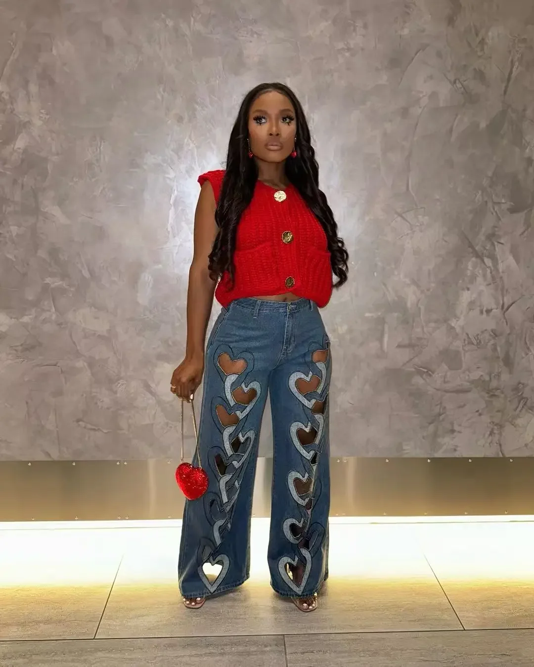 

Straight Jeans For Women Hollow Out Wide Leg Pants High Waist Stretch Distressed Denims Streetwear Female Ankle Length Trousers