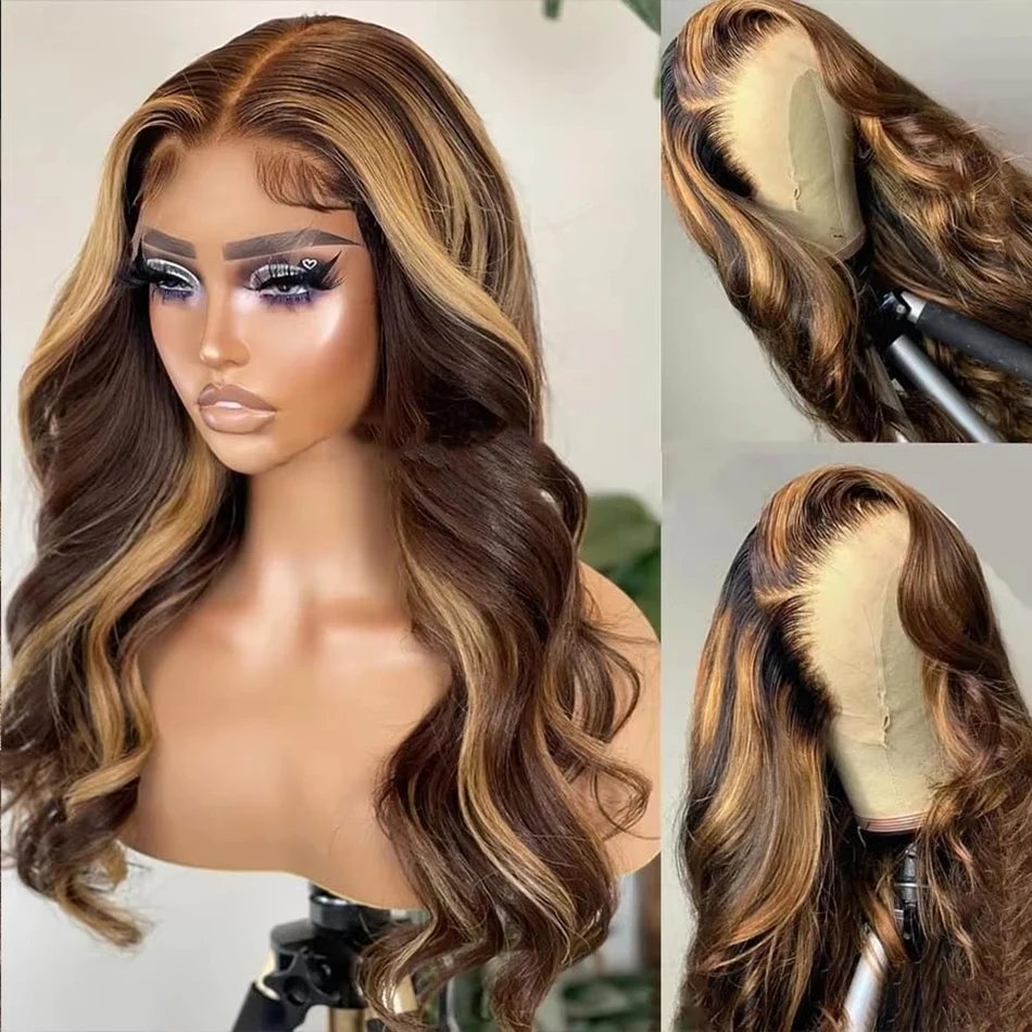 

4/27 Highlight 13x4 Hd Lace Frontal Wig Human Hair Pre Plucked 30 Inch Honey Blonde Ombre Body Wave Lace Front Wigs On Sale