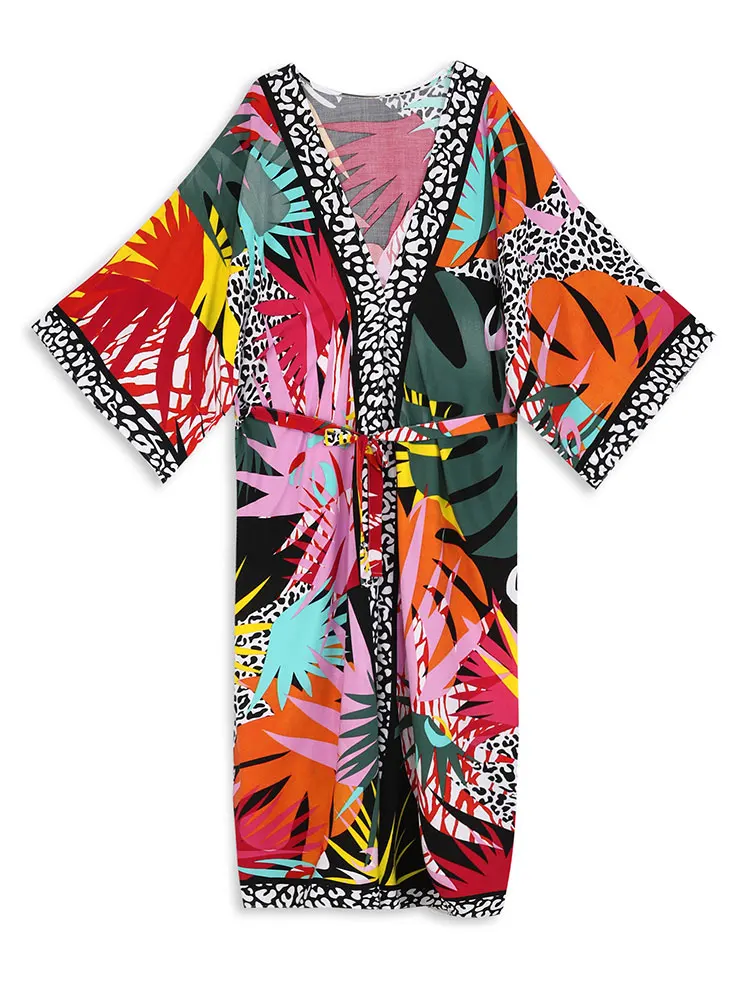 Letnia narzutka plażowa kolorowy nadruk Boho Plus Size w stylu Kimono House Dress 2024 kobiet osłona do Bikini wakacyjny