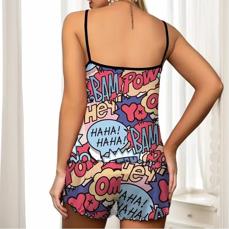 Women Pajamas Sleepwear Pajama Set Sports Camisole And Shorts S M L Multicolour Cartoon Rich Color Print Ventilate Comfortable