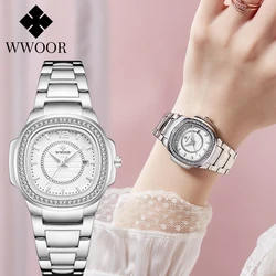 WWOOR Luxury Women White Watch Fashion Ladies Diamonds Quartz Wristwatch Calendar Female Clock Bracelet Watch New Elegant Reloj