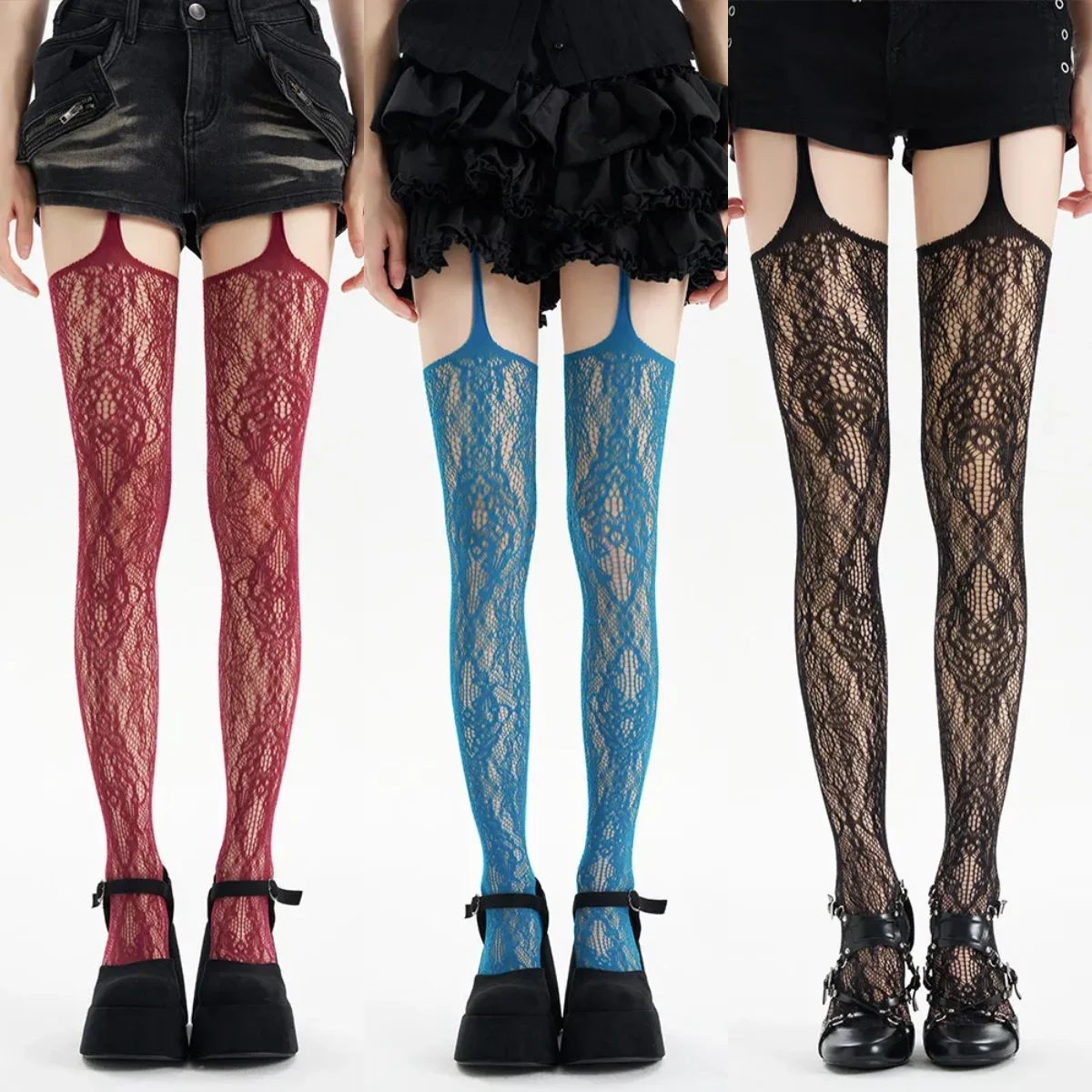 

Сексуальные кружевные сетчатые чулки в сетку, готические колготки, женские высокие носки на подтяжках, высокие чулки до бедра в стиле Лолиты, женские плотные колготки