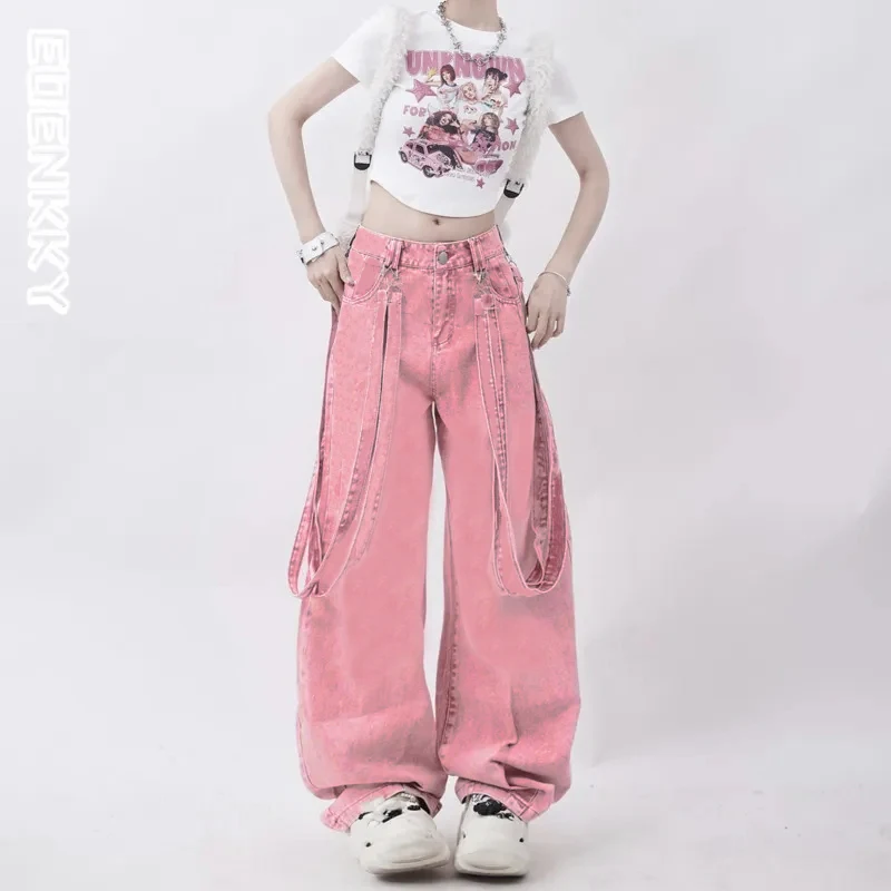 Pink Baggy Cargo Pants Women Jeans Y2K High Waist Wide Leg Hip Hop Vintage Straight Denim Trousers Harajuku Oversized Overalls