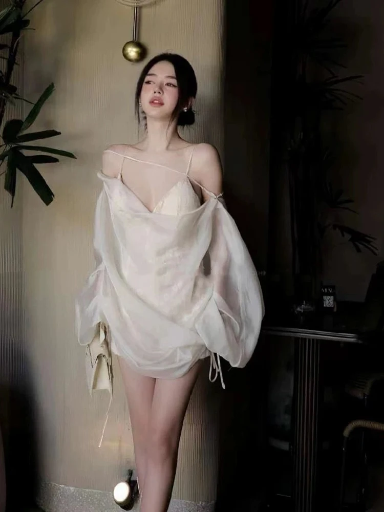 Women Lace-up Two Piece Set Women Long Sleeves Folds Irregular Loose Mini Dress + Lace Jumpsuit Suits Evening Party Celebrity