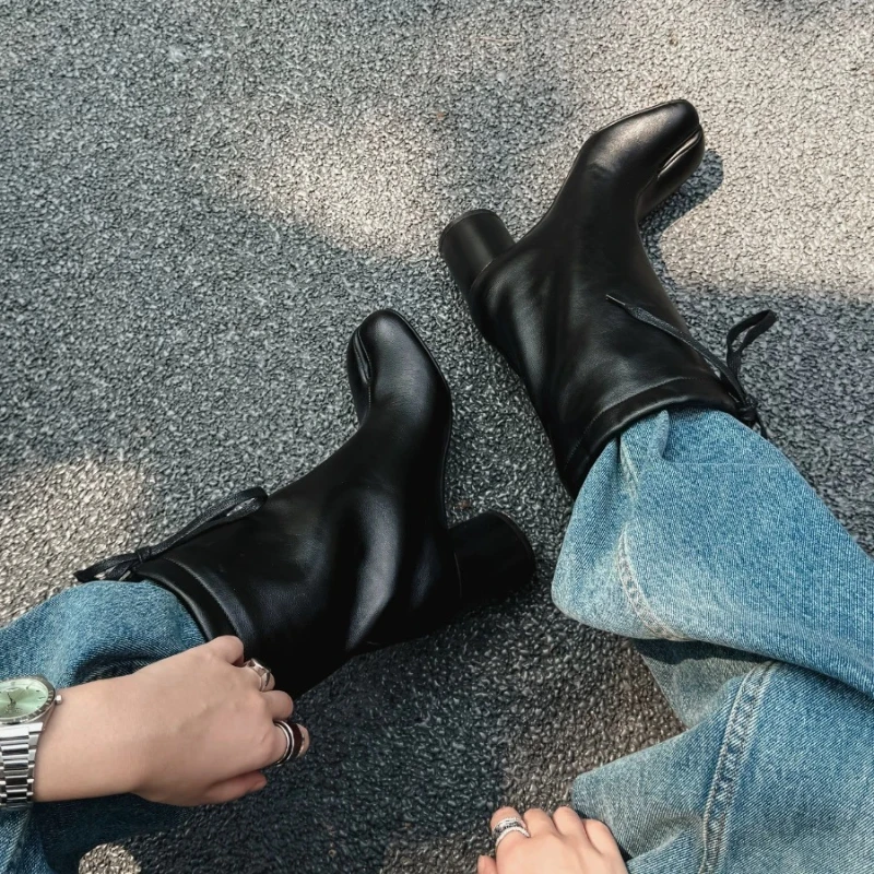 New Women Split Toe Ankle Boots Ruffle Trim High Chunky Block Heel Lace Up Short Boots Fashion Daily Outdoor Ladies Footwear view 5