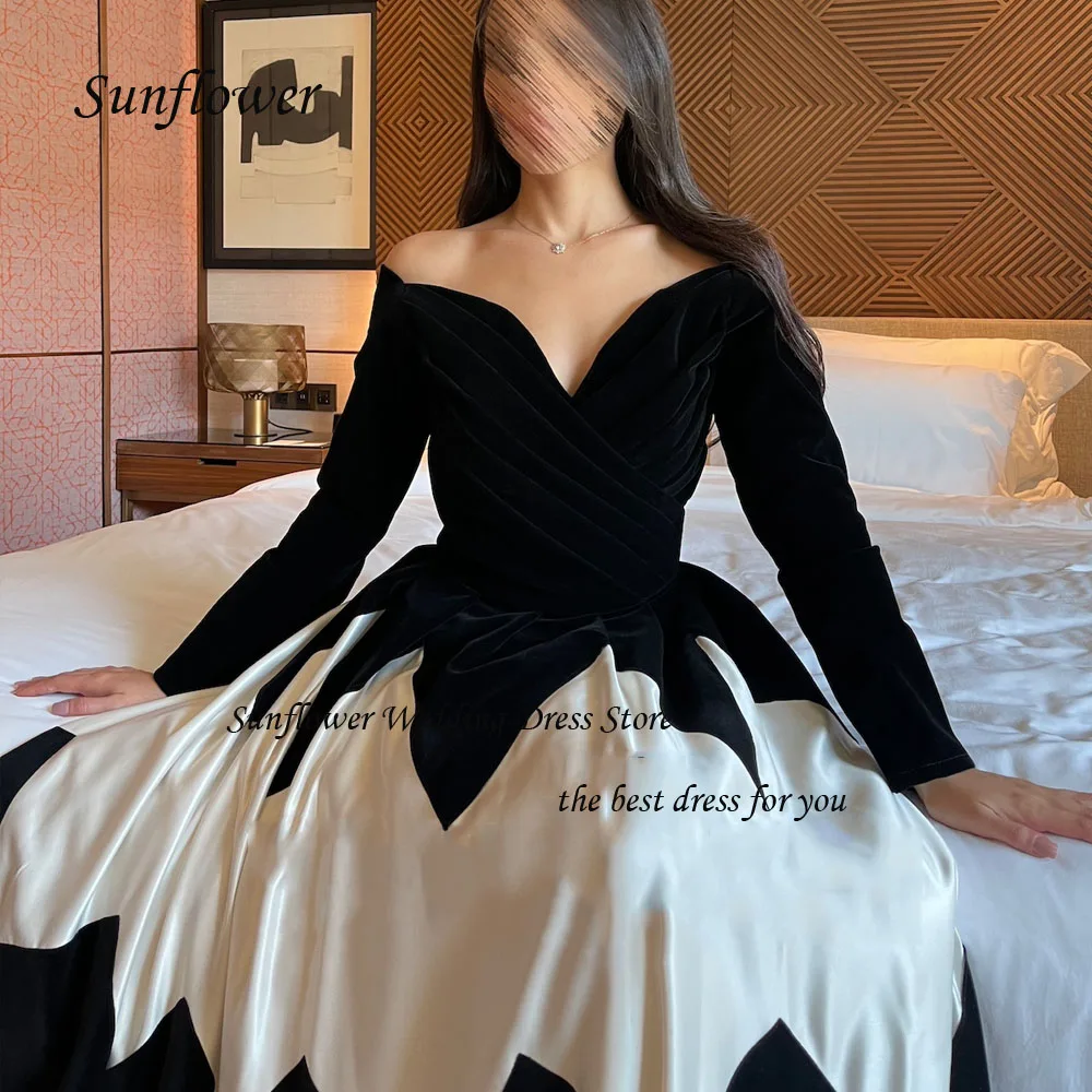 Sunflower Black and White V-Neck Evening Dress 2023 Slim Satin A-LINE Long Sleeve Prom dress Floor-Length Party Dress