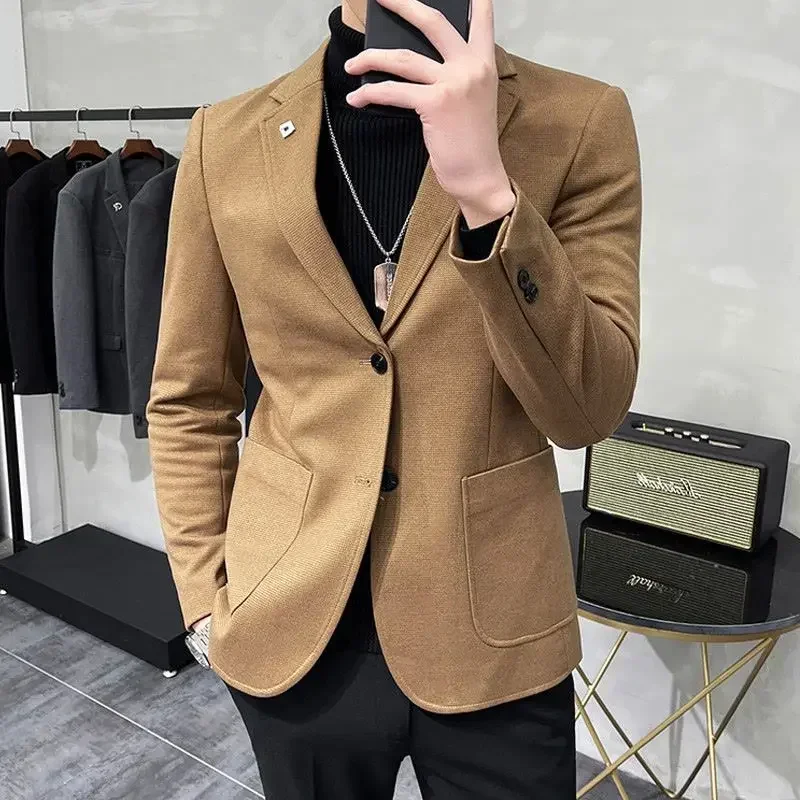 Cropped Dress Jackets Male Blazer Coat Single Breasted Short Men\'s Suit Business Korean Style Clothes Vintage Classic Menswear