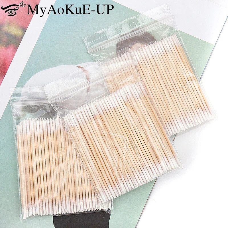 100/300 sztuk jednorazowe podwójne waciki do czyszczenia uszu patyczki drewniane przedłużanie rzęs klej Remover Microbrush narzędzia do makijażu