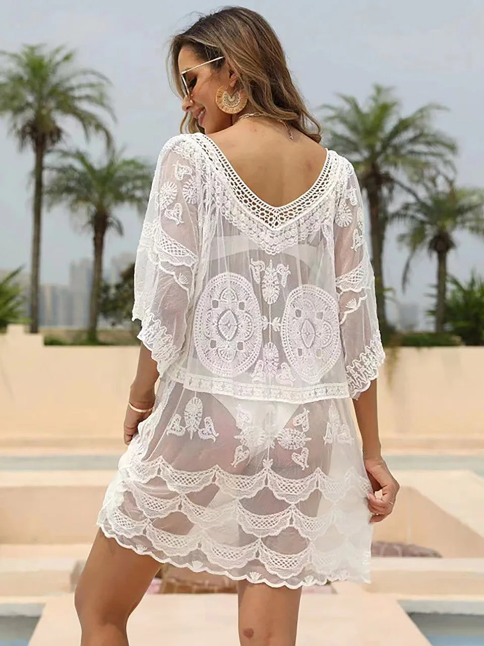 Sexy Lace Women Bikini Cover Up Mini Dress Ransparent Mesh Pareo Summer Holiday Beach Outing Woman Clothing Sarong Beachwear