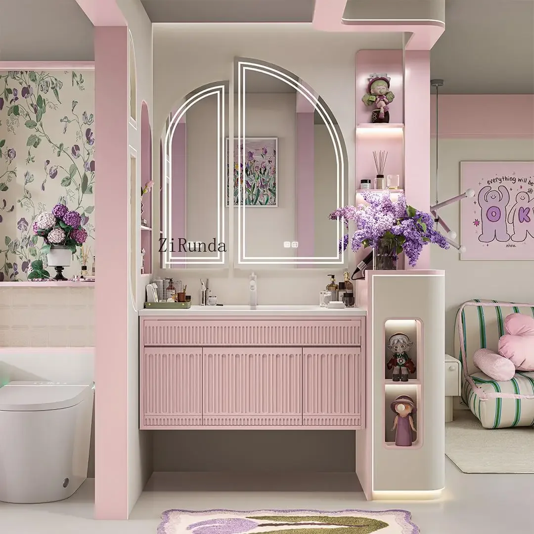 

Комбинация шкафов для ванной комнаты французского цвета, встроенная раковина Corian, розовый, фиолетовый, умывальник, каменная плита, раковина с горячим изгибом