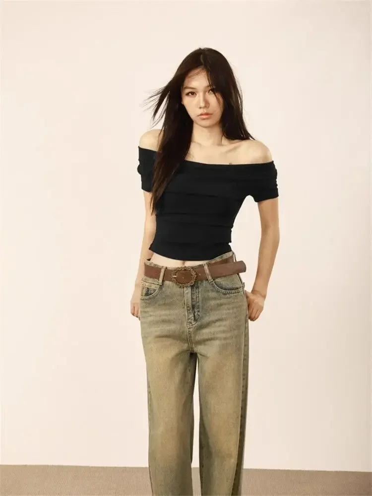 

Off Shoulder T-Shirt Women Short Sleeves Poleras Girl's Oblique Neck Green Detachable Embroidered Floral Aesthetic Version Girls