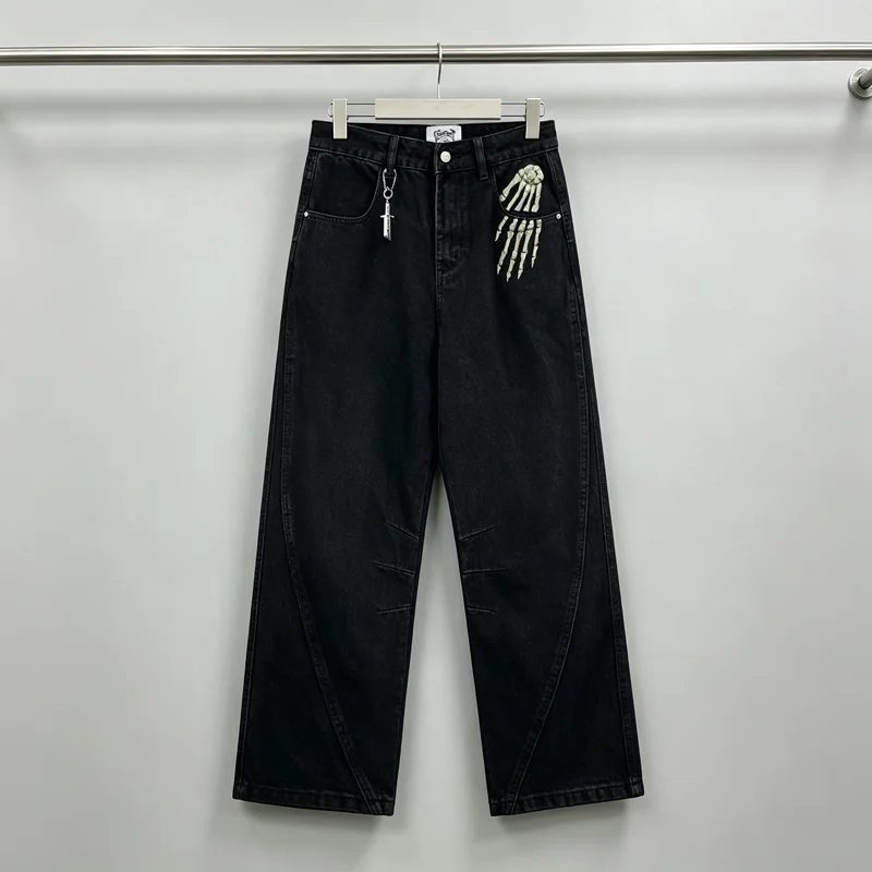 Vescartes Front Embroidery Skeleton Palm Knife Jeans Men Women High Quality Loose Straight Back Pockets Smoking Skulls Pants
