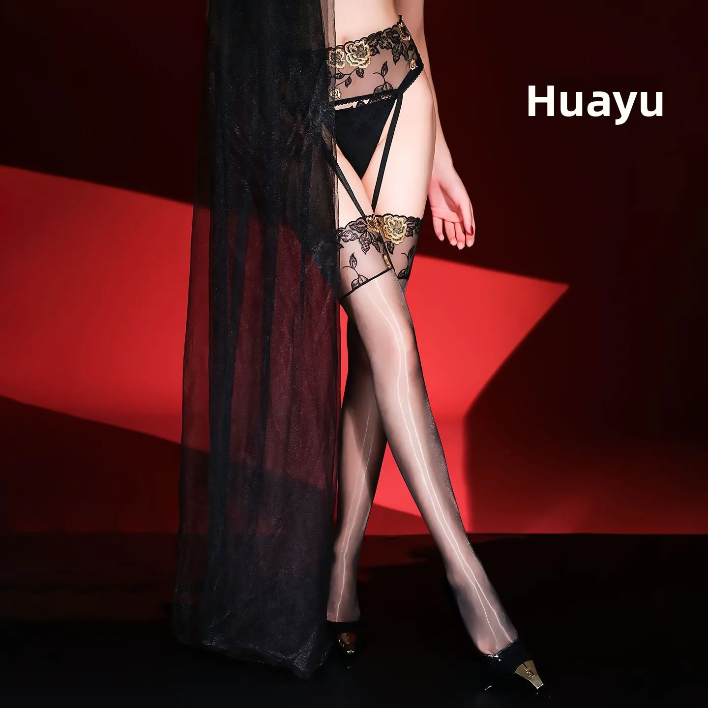 Ultra-Thin Black Silk Stockings with Adjustable Black Gold Rose Strap Belt Buckle Integration Aurora Pattern Sexy Leggings