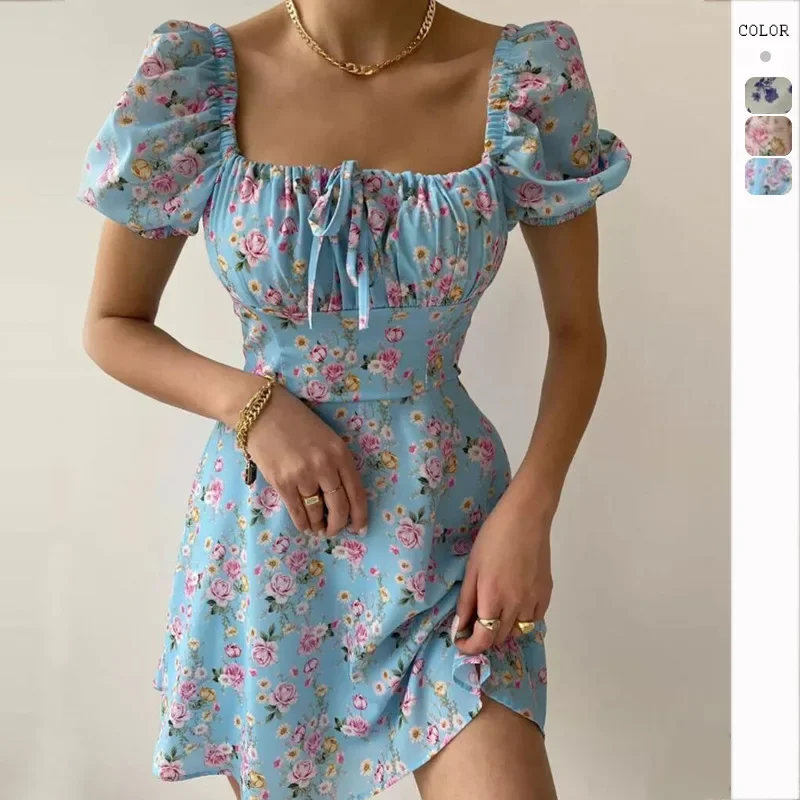 

GZHMR Fashion Bubble Sleeves Fragmented Flower Dopamine Dresses for Women vestidos de noche juveniles maxi dresses for women