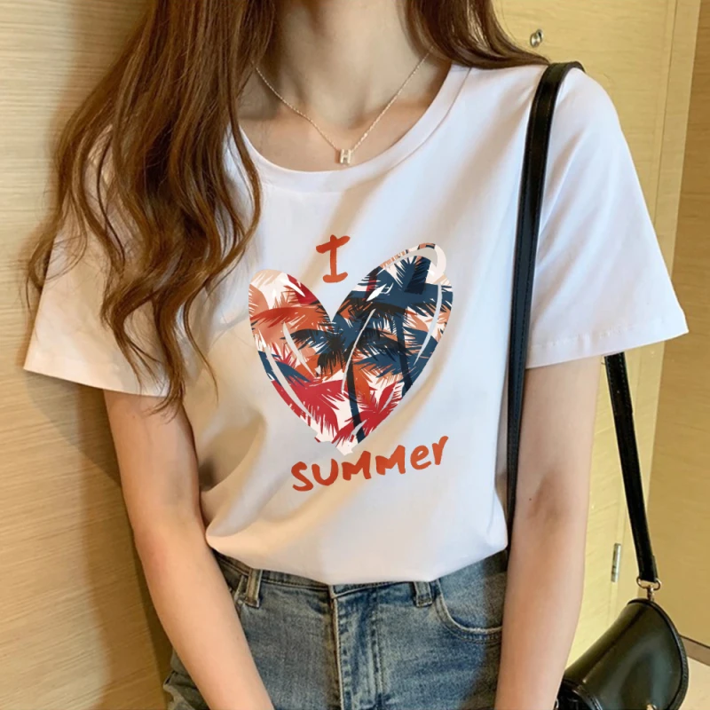 

Женская футболка с принтом, красочный принт пальмового листа, ЛЮБЛЮ ЛЕТО, летний повседневный топ с круглым вырезом и принтом в отпускном стиле