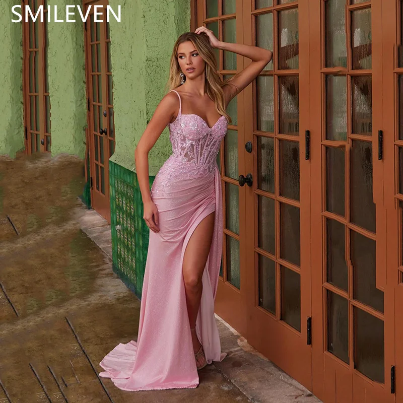 Smileven A-line Pink Prom Dress Spaghetti Strap Side Split Party Gowns Appliques Sexy Formal Evening Dress Gift Customized 2025