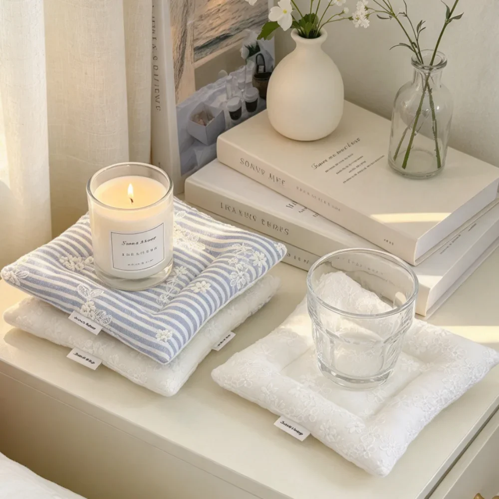 Cute Floral Embroidered Quilted Fabric Coaster Square Thickened Heat Insulation Cup Mat Ins Aesthetic Table Decoration Home
