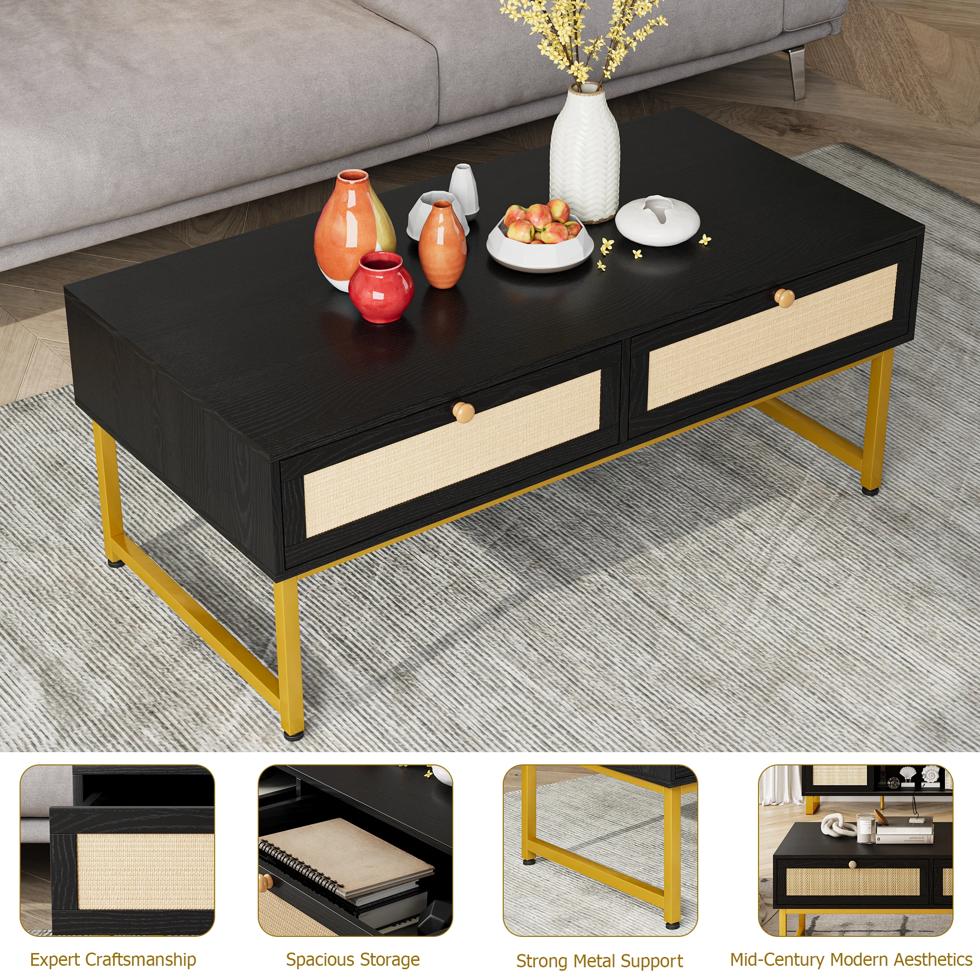 Mesa de centro con 2 cajones Mesa central retro con frente tejido de veta de madera de roble y metal negro para entrada de la sala de estar del hogar