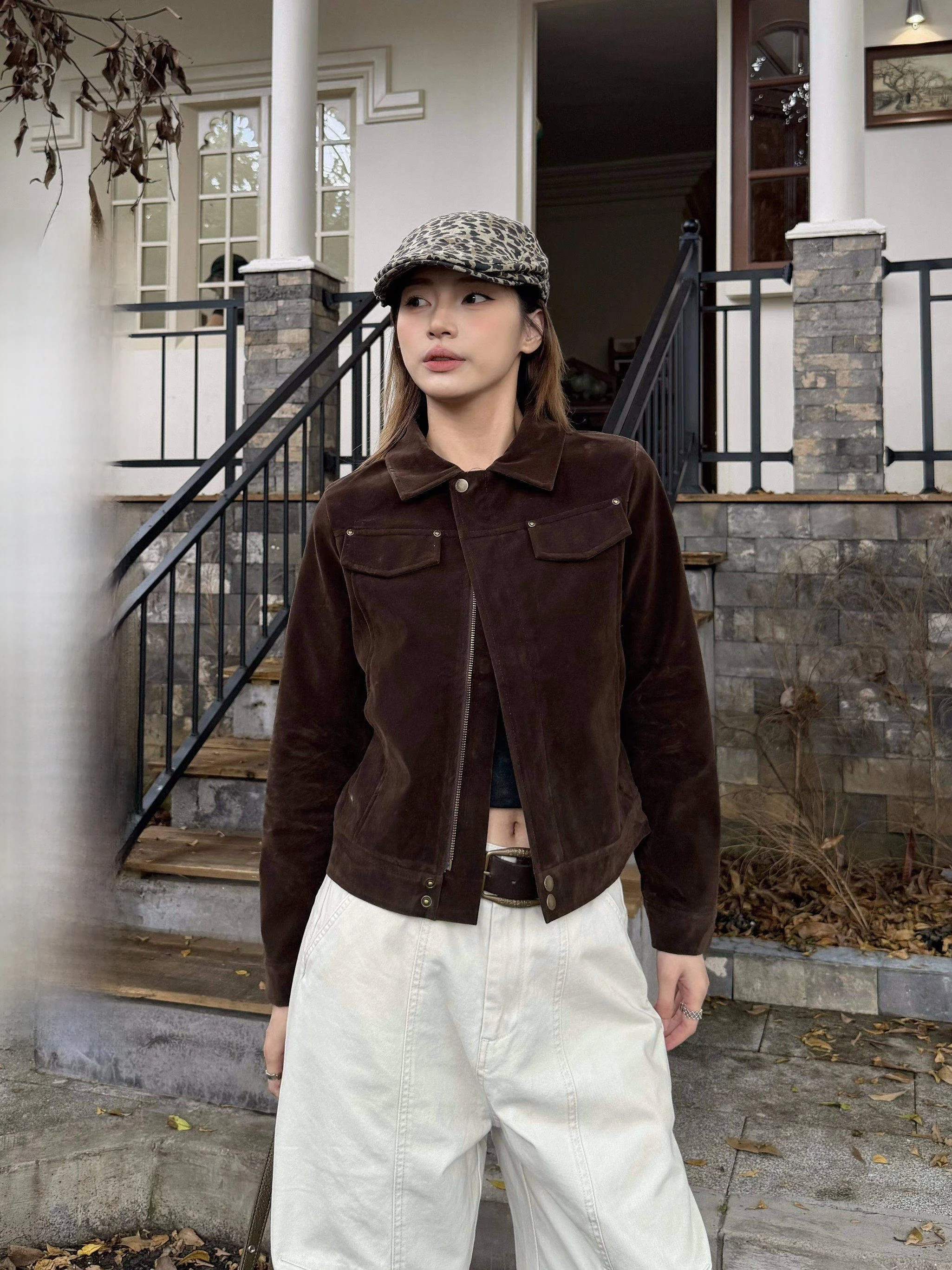 

Женская повседневная замшевая куртка XFX в американском ретро-стиле на молнии, приталенная, для работы, верхняя одежда, модная женская одежда