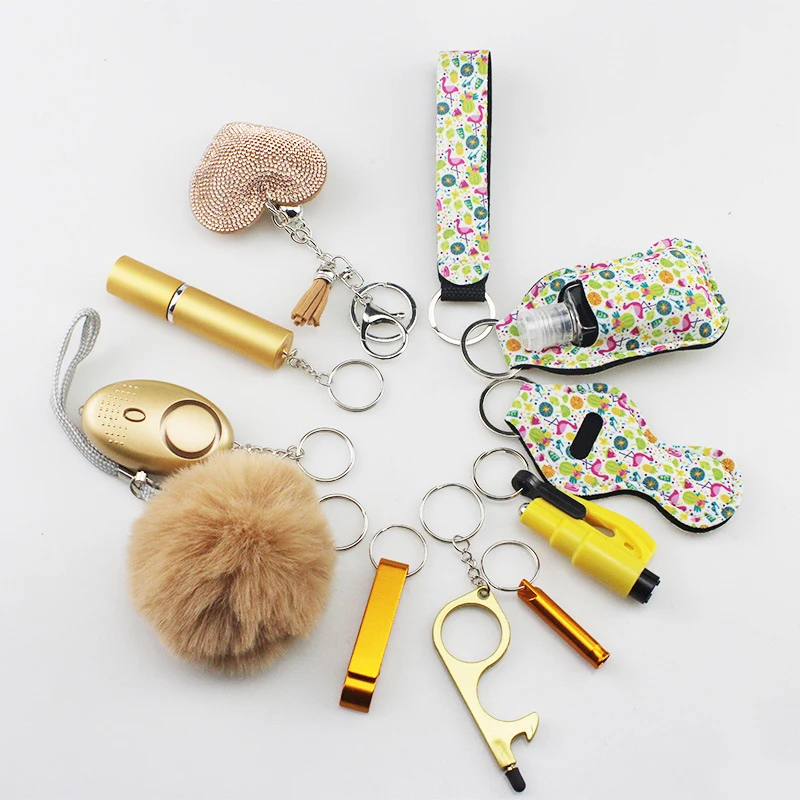 12-piece Set Women Safety Keychain Supply Self Defense Keychain Pom Pom Fur Ball Grabber Self Protection Keychain