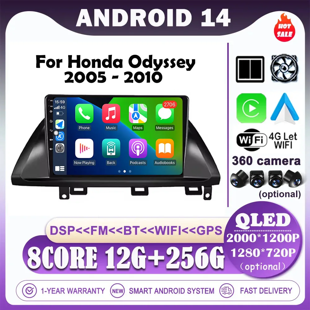 For Honda Odyssey 2005 - 2010 Android 14 Car Radio Multimedia Video Player Carplay QLED Screen DSP Stereo GPS Navigation BT 4G