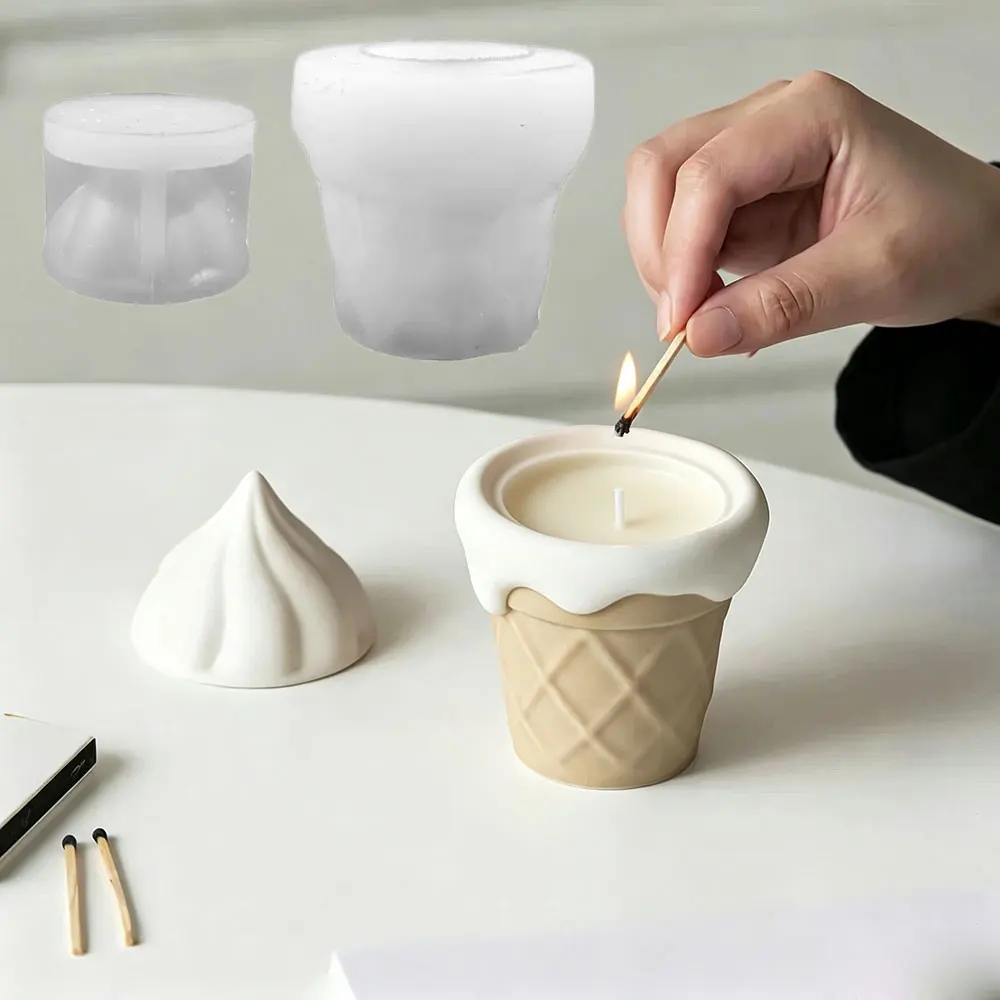 Niedliche 3D-Waffel-Eiscreme-Silikonform, DIY Harz-Gips-Kerzenbecher & -Glas, Einfach zu entformen, Ästhetische Dekoration