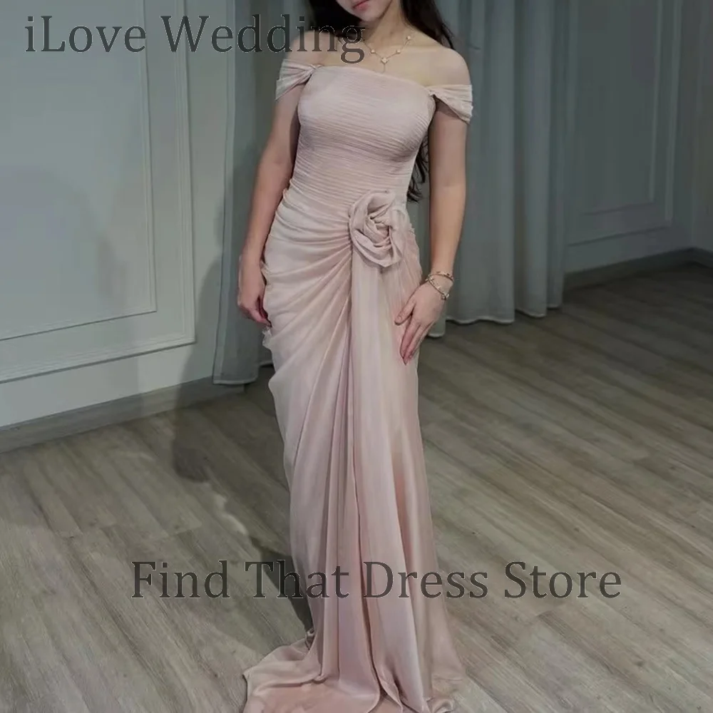 العرف قبالة الكتف الشيفون مطوي الزهور مساء حزب اللباس عارية الذراعين غمد الطابق طول فستان الزفاف حفلة موسيقية الزهور