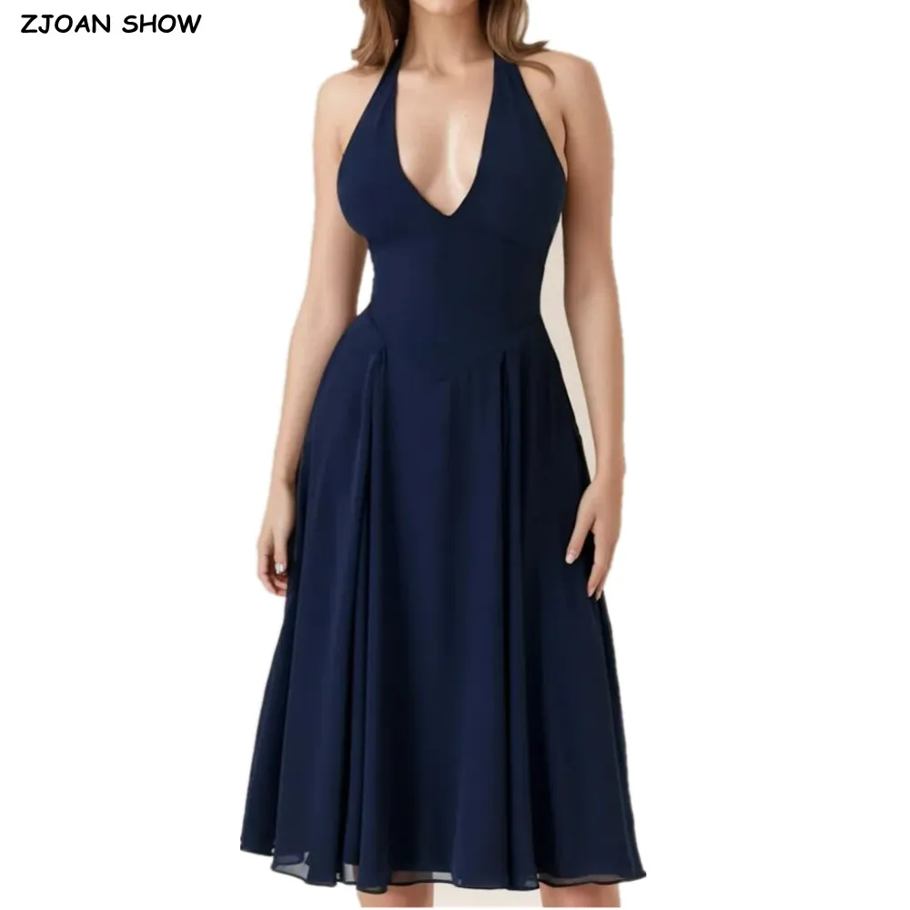 

2025 Romantic Navy Blue Halter V Collar Sling Midi Dress Women Low Waist A-Line Pleated Swing Backless Chiffon Dresses Long Robe