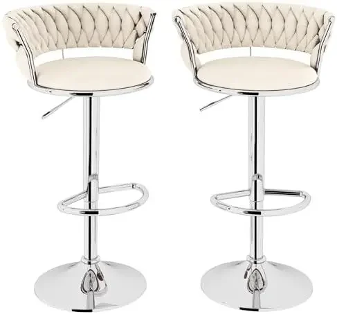 Velvet Bar Stools Set of 2,Swivel Bar Chairs Counter Adjustable Height Barstools with Back & Footrest,Upholstered