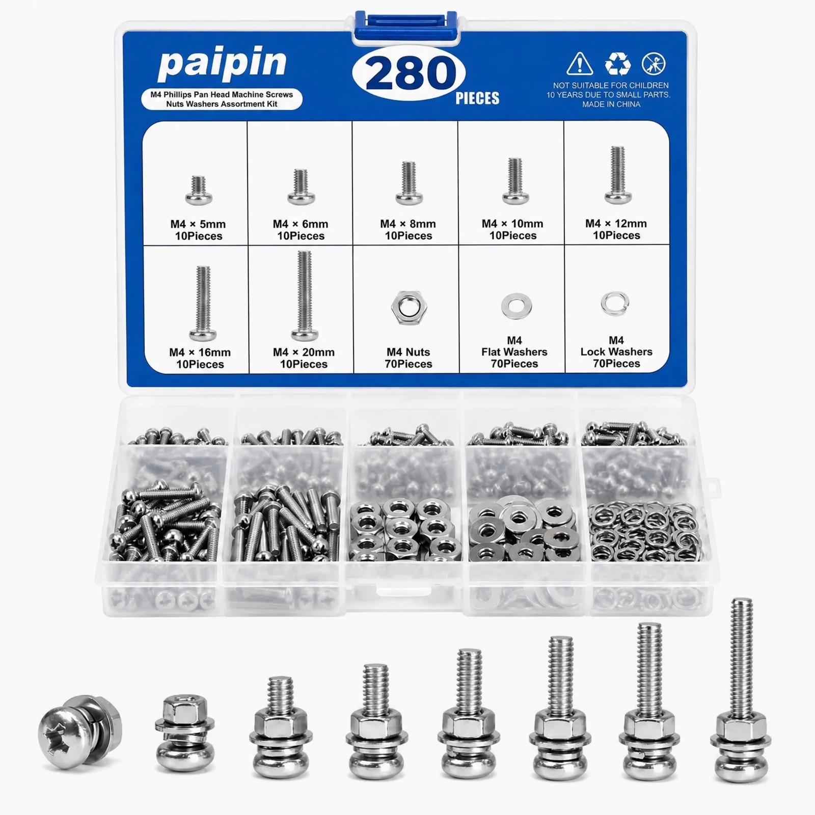 280Pcs M4 Phillips Pan Head Machine Screws Kit with Nuts And Washers Assorted Sizes 4-20mm Fully Threaded for DIY Projects