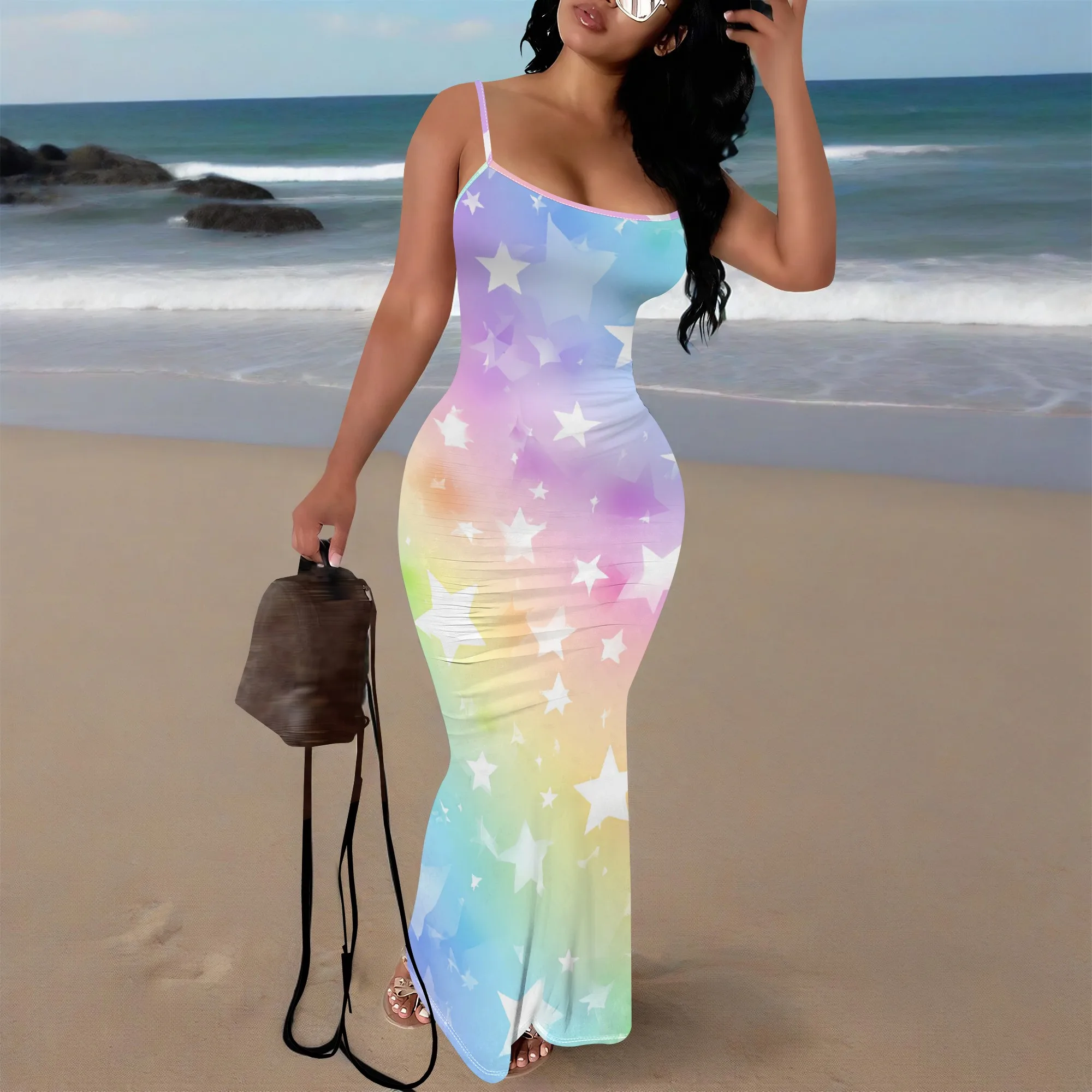 

Rainbow Star Print Bodycon Dress XS-3XL Spaghetti Strap Maxi Style for Pride Parade, Birthday Party or Summer Night Out