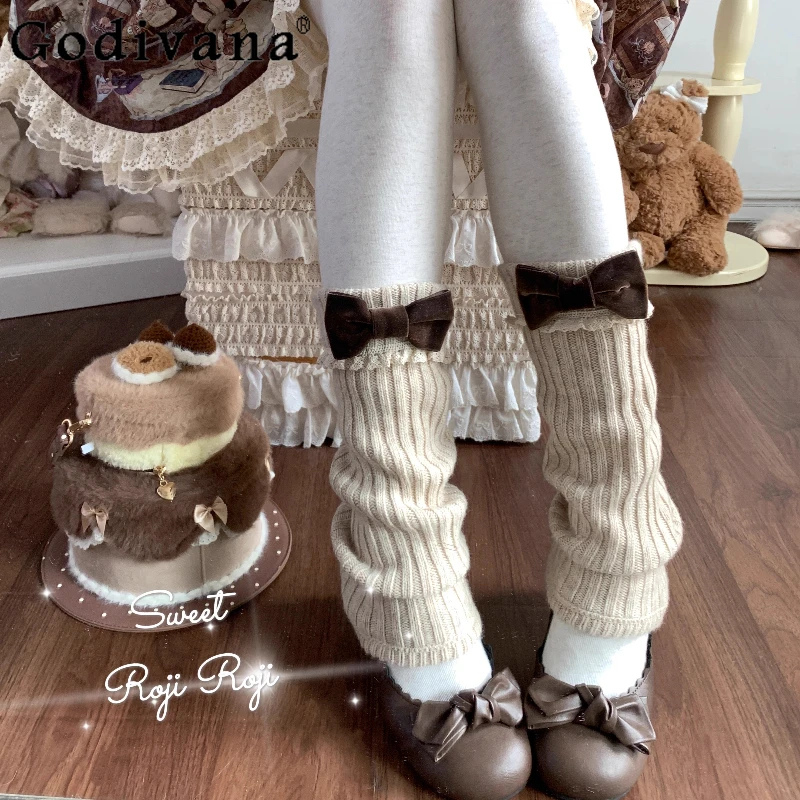 

Рождественские мягкие вязаные гетры Kawaii для девочек, осенне-зимние новые милые носки до середины икры в стиле Лолиты с бантом, женские повседневные универсальные носки