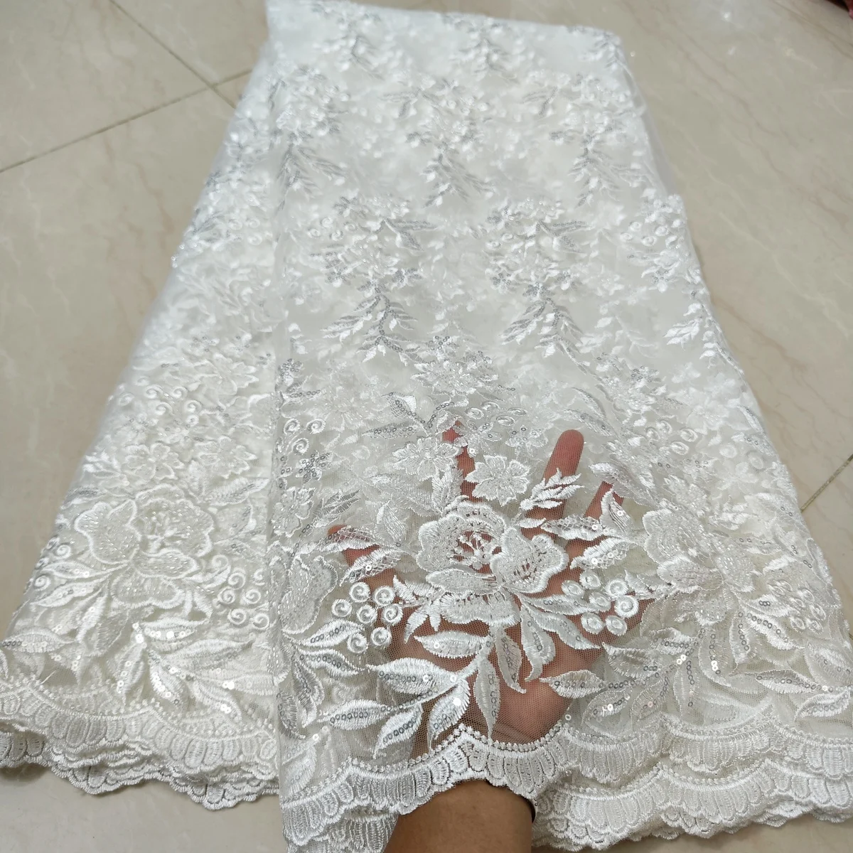 2025 Latest Classical Red African Handmade Beads Sequins Lace Fabric Beaded French Tulle Lace Fabric For Wedding Dress LWH23108