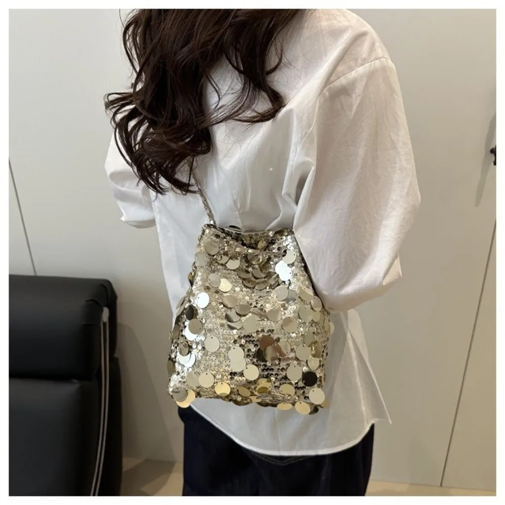 Elegant Shiny Sequin Shoulder Bag Large Capacity Korean Style Crossbody Bag Chain Strap Evening Banquet Bag Outdoor
