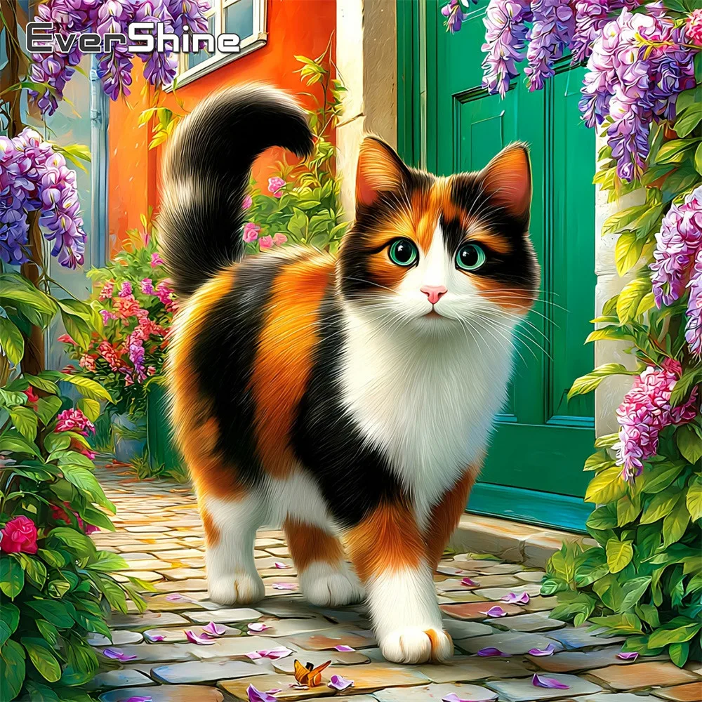 Evershine Vollquadratische Diamant-Stickerei, Tier-Strass-Bild, Mosaik-Katze, 5D-DIY-Gemälde, violette Dekoration für Zuhause