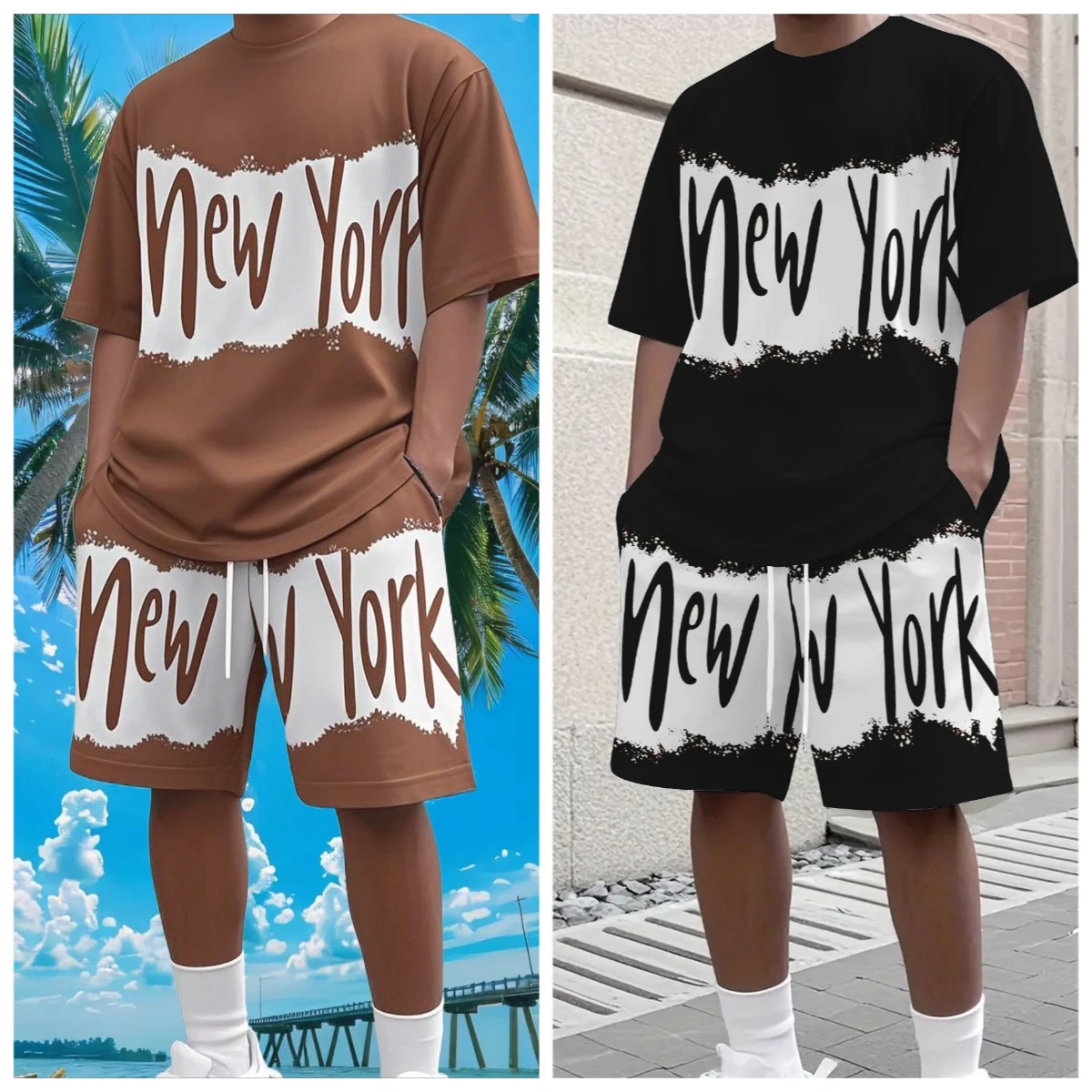 

25/26 New Summer Set Men's T-shirt Trendy American Street Printed Round Neck Men's Set Trendy Handsome Sports Two Piece Set