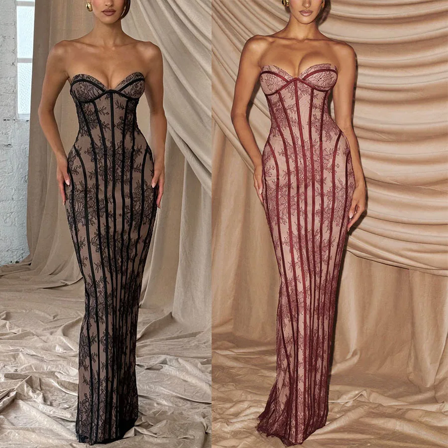 

SKMY Fashion Lace Patchwork Fishtail Dress Long Sleeve 2026 Spring New Gothic Style Black Long Dresses Party Clothes For Women