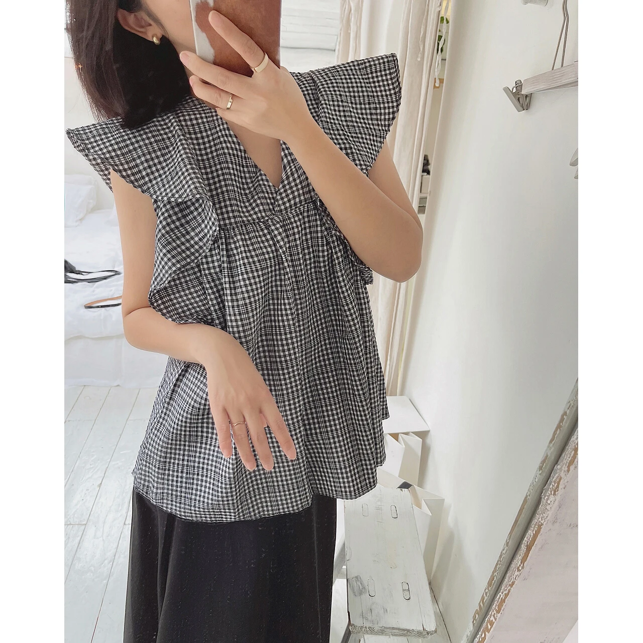 2022 Woman Plaid Frill Sleeveless Blouses Shirt Female Clothing Fashion Tunics Top Sweater Cheap Free Shipping Summer Oem Y2k