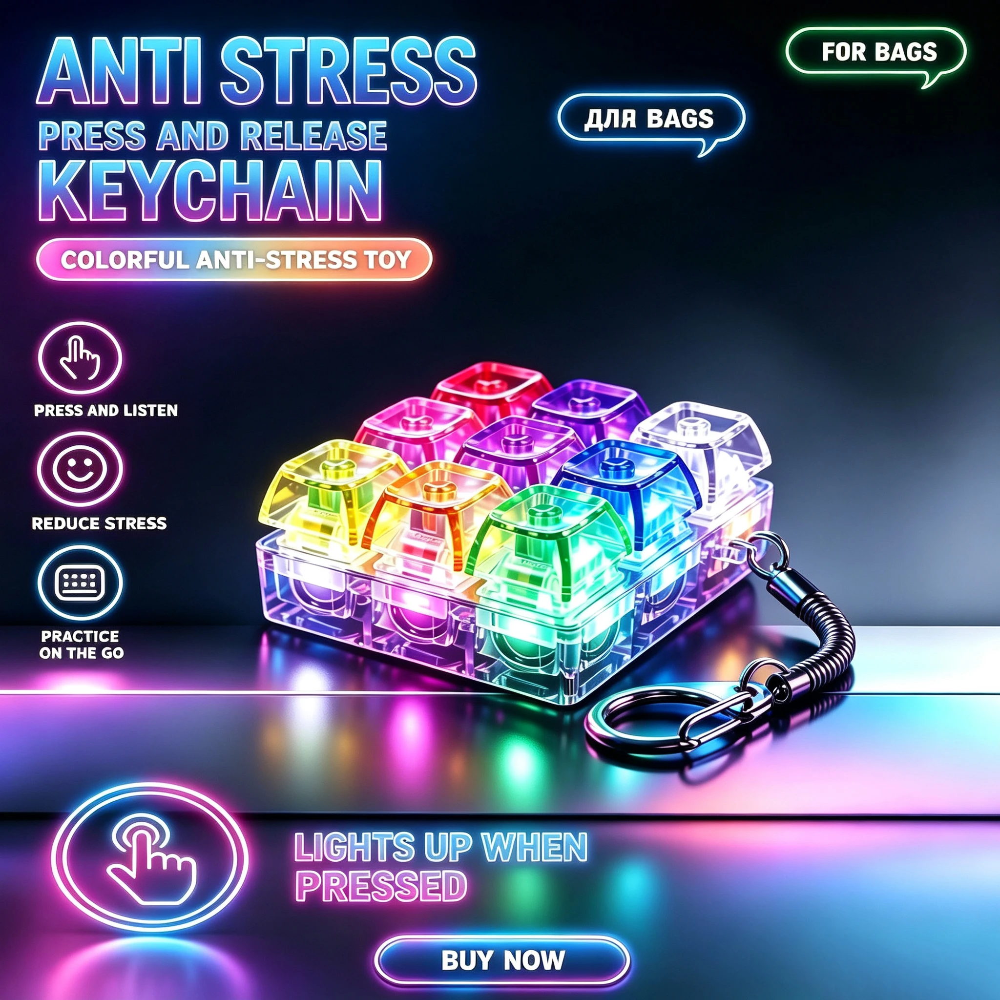 9 Keys Keyboard Keychain Stress-Relief Toys Fidget Clicker Sound Sensory Mechanical Button with Anxiety Office Desk Accessory