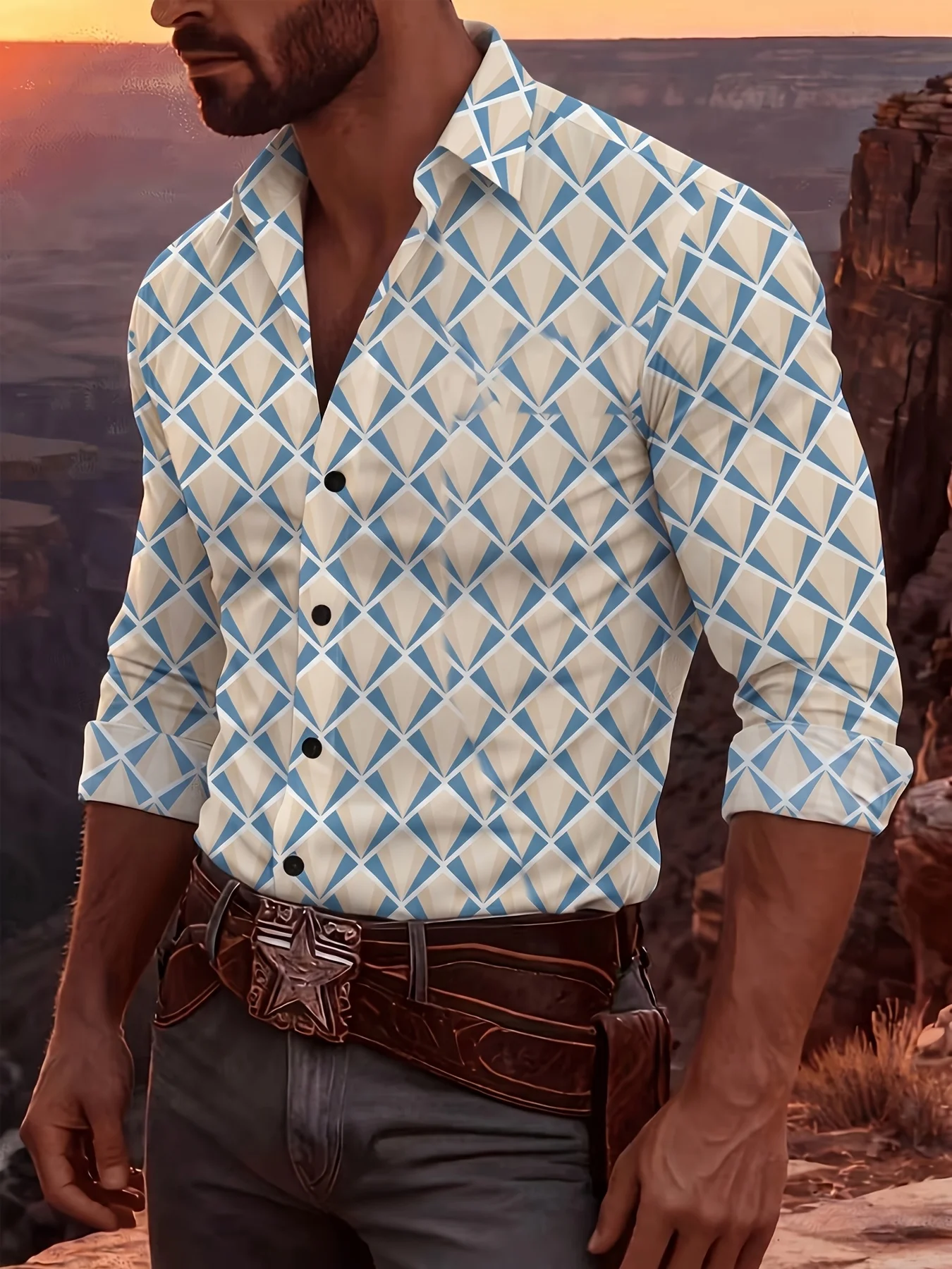 Men's Shirt Long Sleeve Retro Diamond Geometric Print Turn‑Down Collar Button Front Loose Casual Autumn Holiday Top Men Clothes